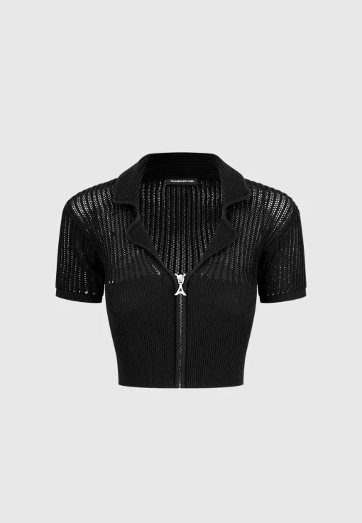 Zip Front Knitted Crop Top - Black